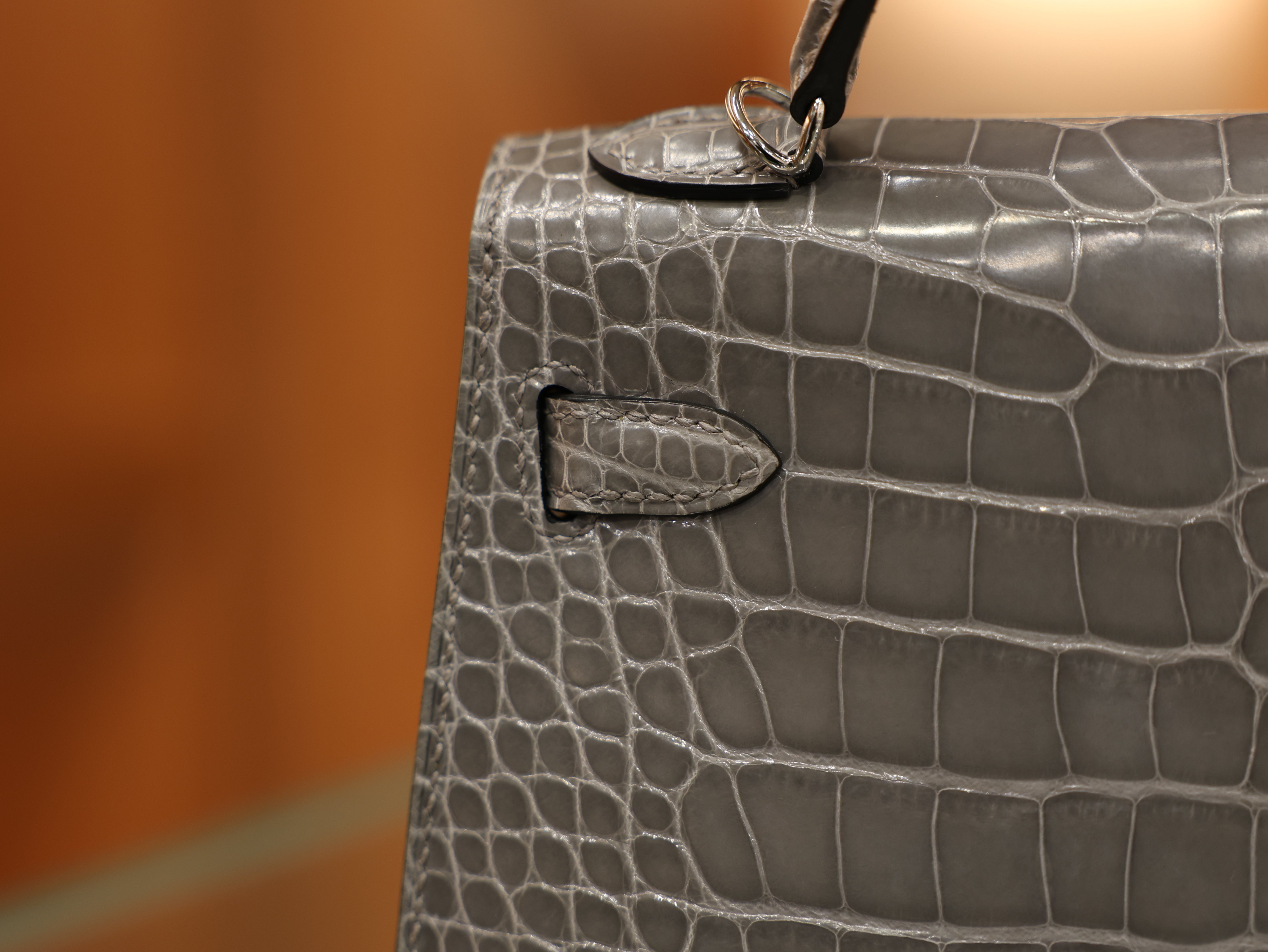 Kelly mini 2 shiny alligator gris ciment PHW