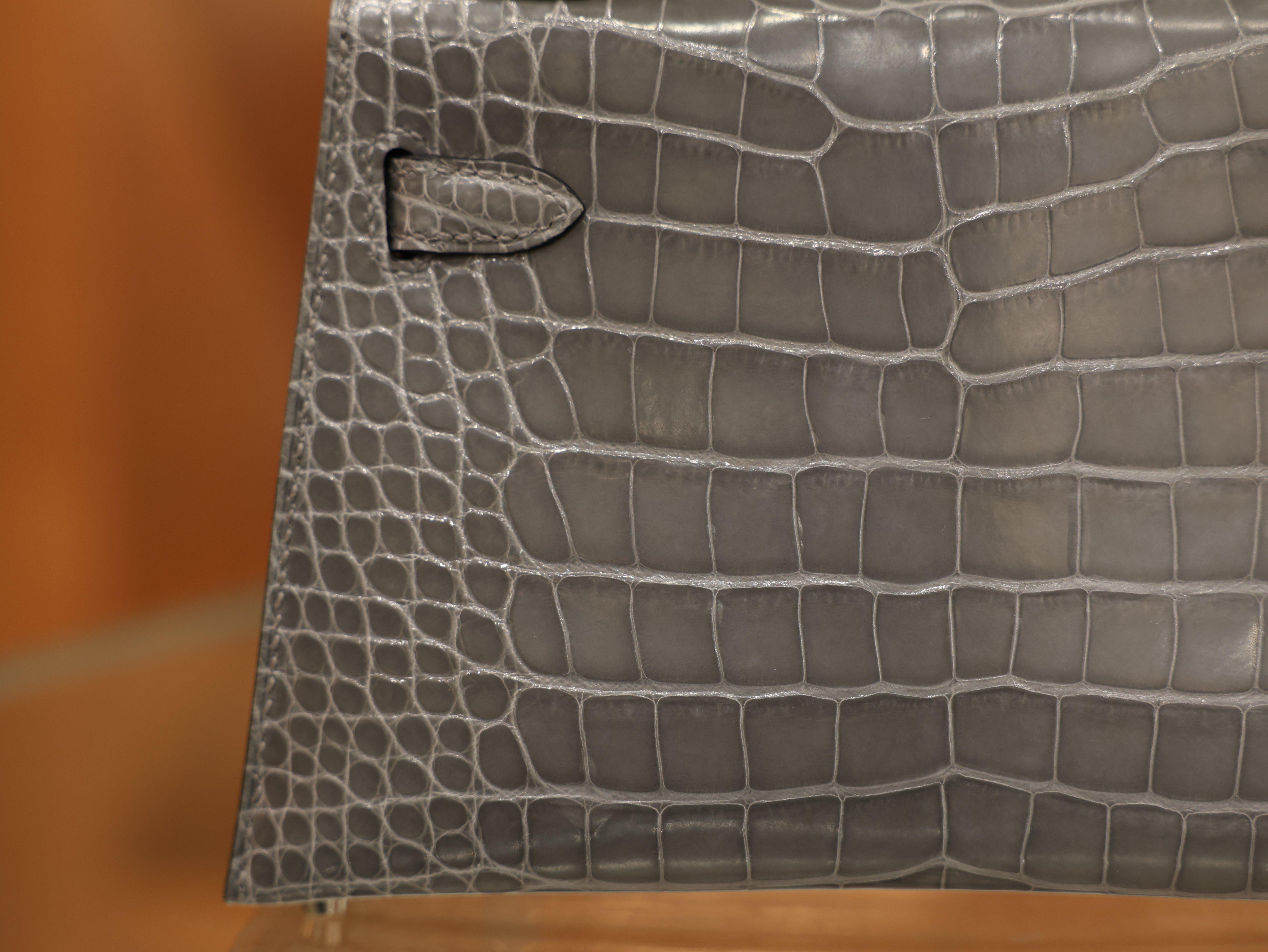 Kelly mini 2 shiny alligator gris ciment PHW