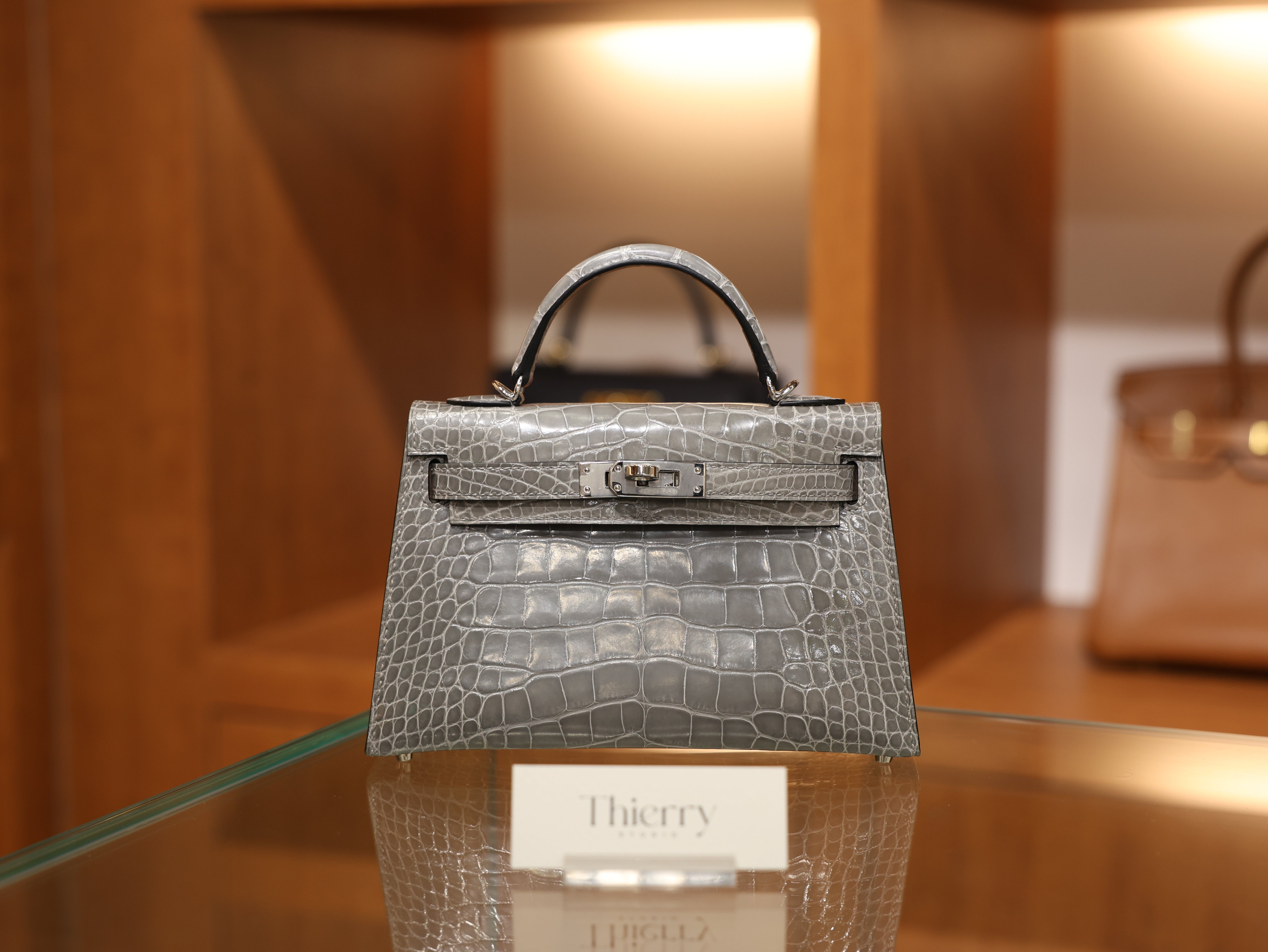 Kelly mini 2 shiny alligator gris ciment PHW